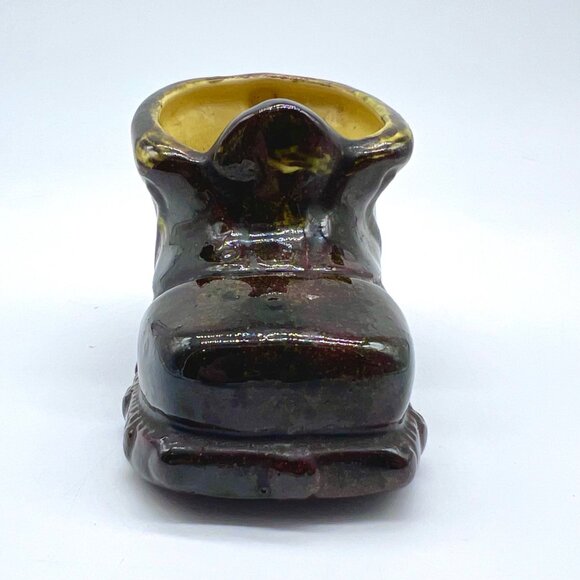 Vintage Mid Century Glazed Ceramic Boot Shoe Planter Vase Catchall Brown Yellow - Picture 4 of 9